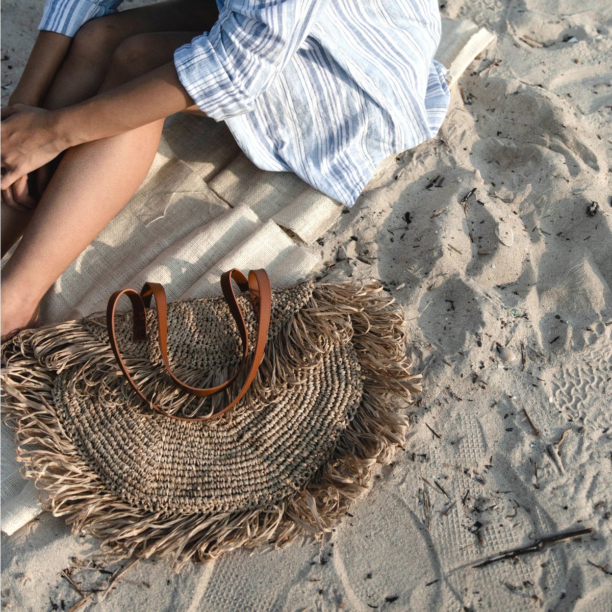 Beige Umhängetasche mit Fransen Strandtasche Einkaufstasche SUMBAWA