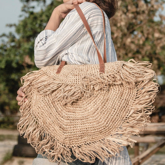 Beige Umhängetasche mit Fransen Strandtasche Einkaufstasche SUMBAWA