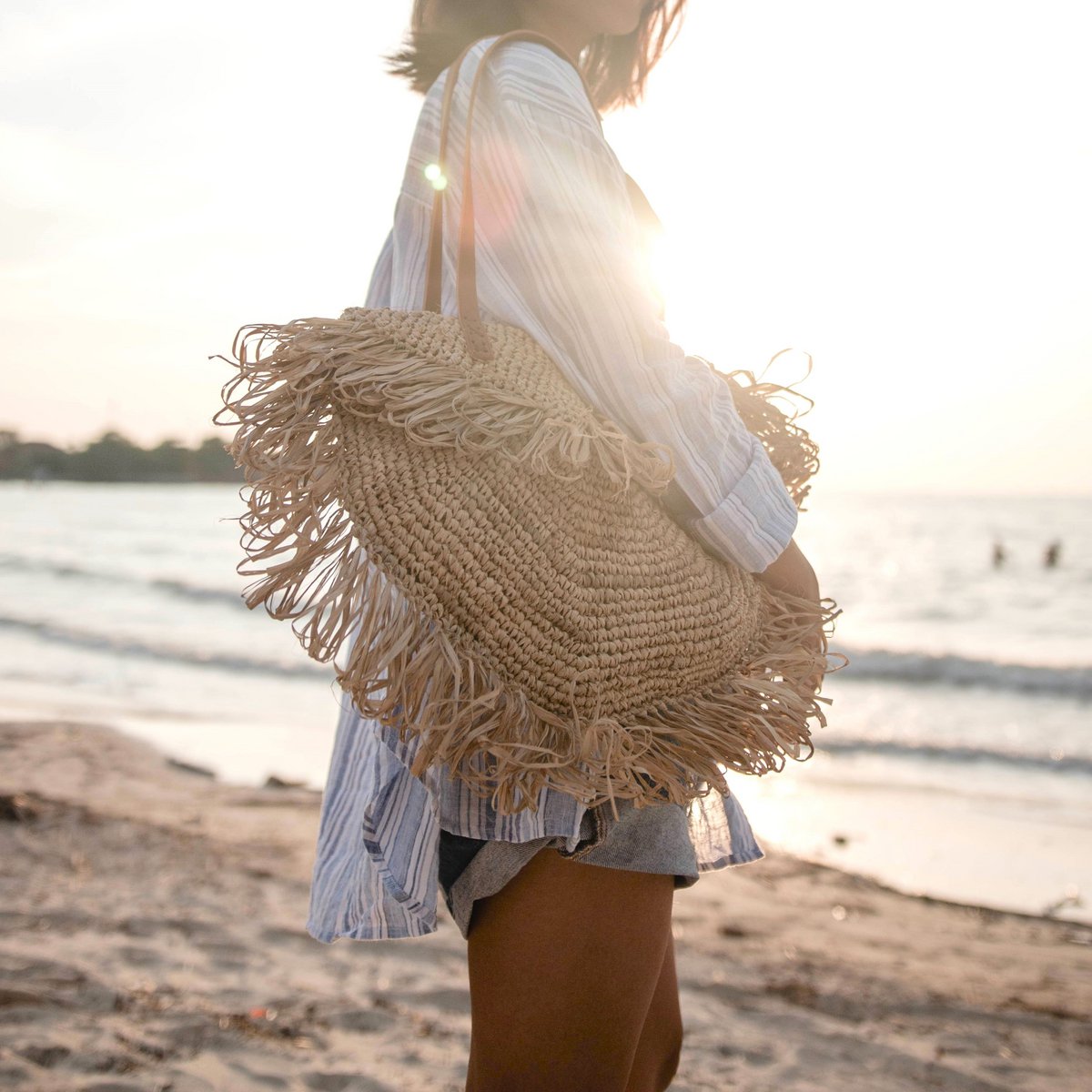 Beige Umhängetasche mit Fransen Strandtasche Einkaufstasche SUMBAWA